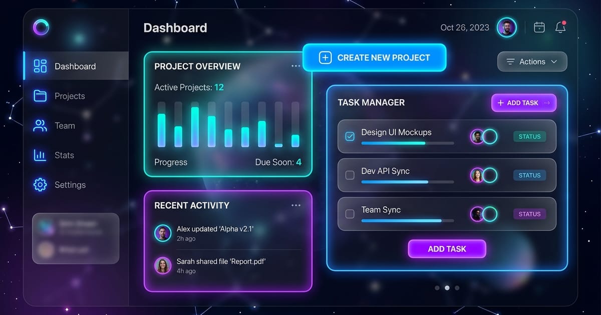 Glassmorphic Layers & Neon Accent UI Dashboard